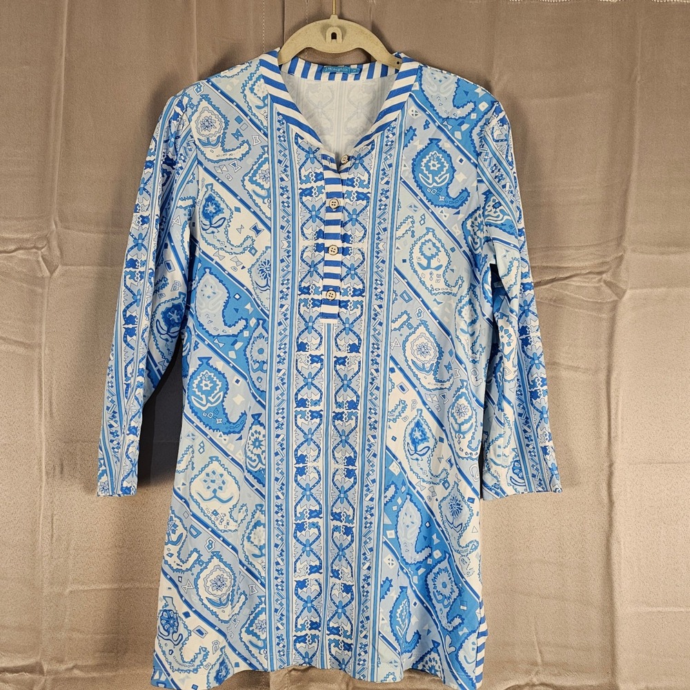 J McLaughlin Womens Blue White 3/4 Sleeve Biscayne Band Catalina Tunic Top Med